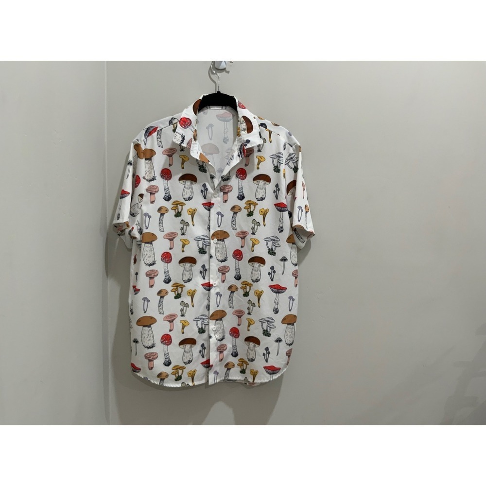 Romwe Mens Mushroom Print Short Sleeve Button Down Shirt White Size Medium